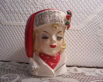 Rare Napco Christmas Lady Head Vase