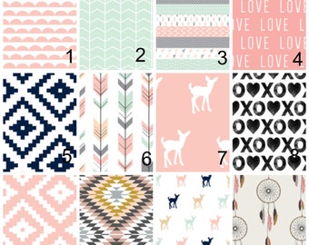 Baby Girl Nursery Bedding with Country Fawn Deer & Antlers - Pink Mint Navy Bedding, Boppy Cover, Decorative Pillows, Minky Crib Blanket
