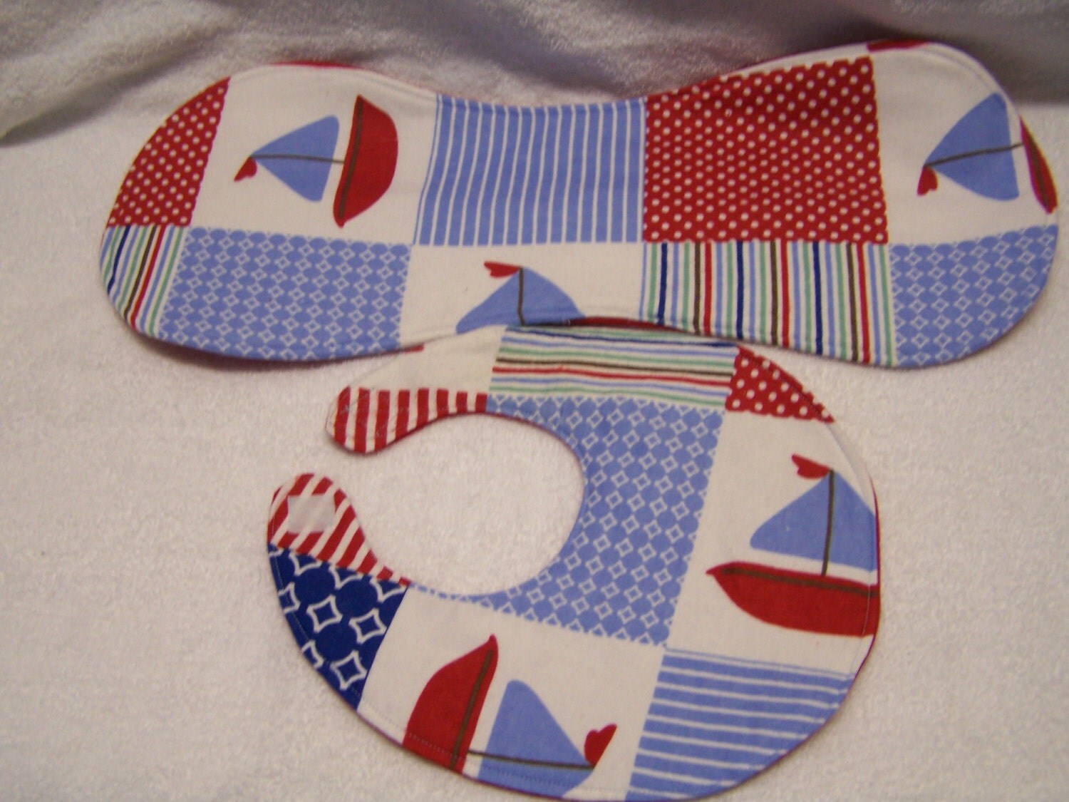 Baby Boy Bib & Burp Cloth Set Blue/Red Sailboat Pattern