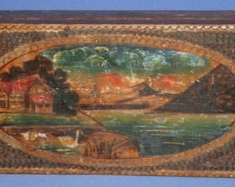 Antique Hand Painted Landscape Pyrography Wood Box