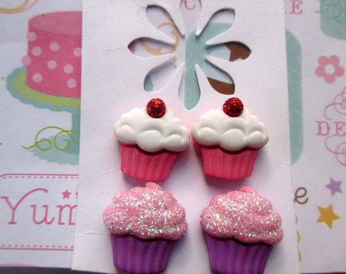 5 sets-Little Girls-Pink cupcake-party favors-childrens-Birthday Party favors-kids Clip on earrings-purple cupcake studs-Cupcake party gifts