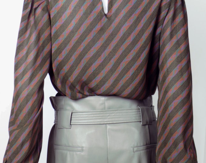80s Regina Porter Parisian chic diagonal striped abstract printed secretary blouse