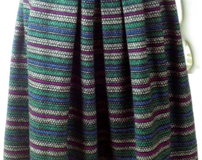 80s vintage peasant striped pleated dirndl midi length folk secretary wool skirt