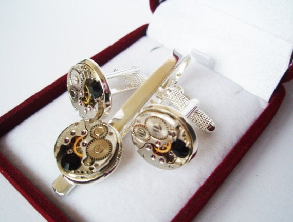 Steampunk Set cufflinks and tie clip Cufflink and Tie clip Men gift father wedding groomsmen husband by WhitePiano steampunk buy now online