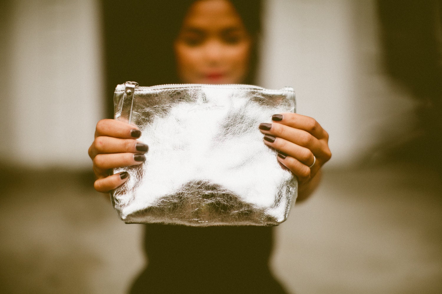 Silver Makeup bag leather makeup bagsmall Leather purse