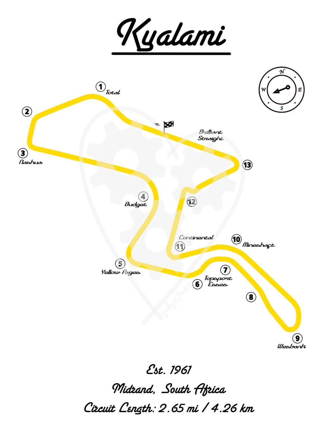 Digital Download Art Print Kyalami Race Track Map Yellow