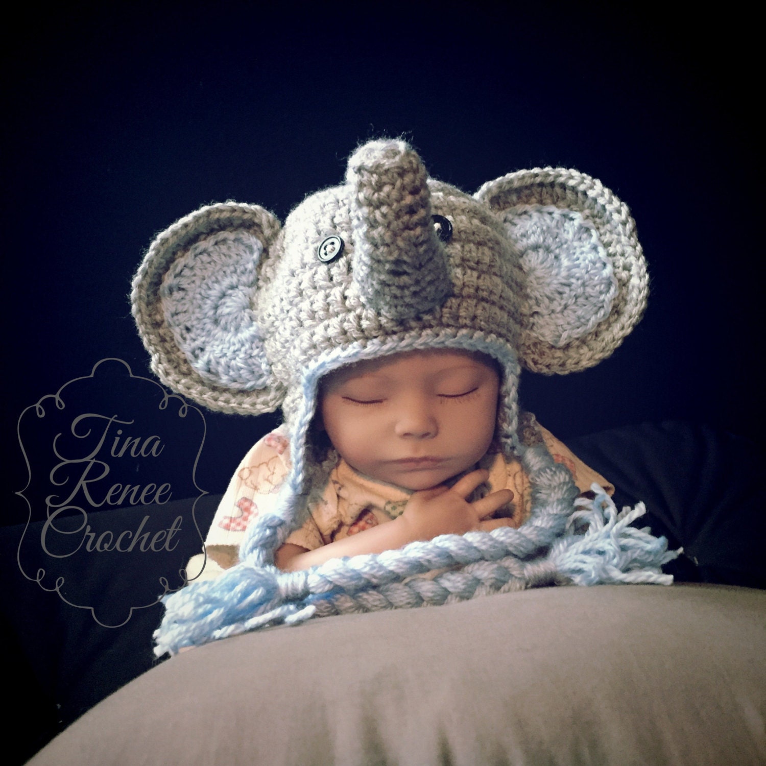 Crochet Elephant Hat and Matching Diaper Cover with Tail For