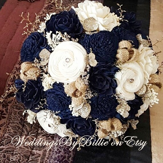 Navy Blue Sola Bouquet Blue Champagne Ivory Bouquet Wedding