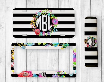 Monogram License Plate, Monogram License Plate Frame, Custom License Tag, Personalized Seatbelt Cover, Floral Monogram, Floral License Plate
