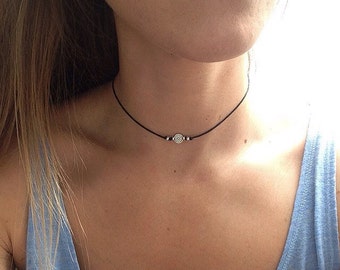 The Maddie Choker - Patterned circle coin choker on black 11 inch cord with extender by Serenity Project