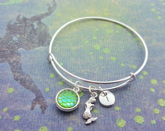 Mermaid Bangle, Mermaid Charm Bracelet, Mermaid Jewellery, Personalised Bangle, Mermaid Scales, Mermaid Gift, Green Mermaid Tail, Mermaids