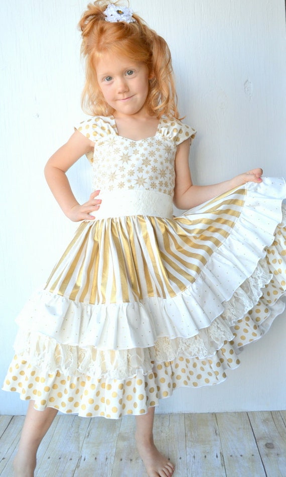 Items similar to Girls Gold Dress, Winter Party Dress, Ruffle Dress ...