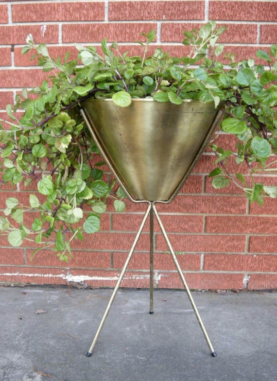 Rare Vintage Solid Brass Bullet Planter On TriPod Plant Stand