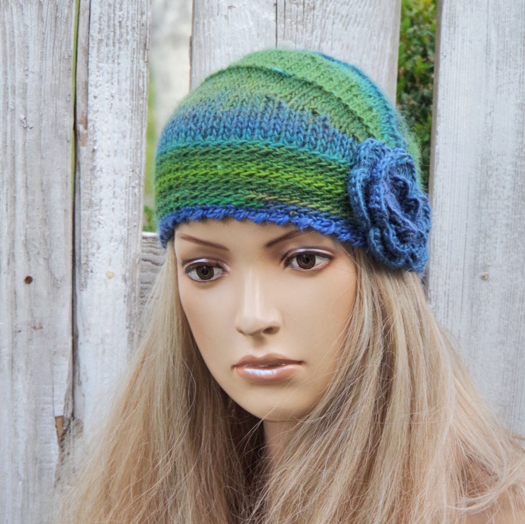 Knitted Flower Hat Gren Knitted Beanie Shadows Grenn Blue