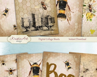 75% OFF SALE Bee - Digital Collage Sheet Digital Cards C135 Printable Download Image Tags Digital Nature Atc Cards Fauna ACEO Bee Cards