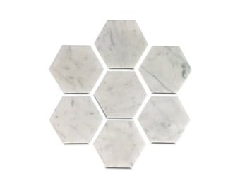 Six Geometric Coasters in White Carrara Marble - Set of Six Hexagon Coasters with Cork Backing