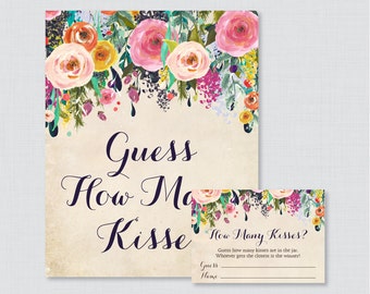 Guess How Many Kisses Bridal Shower Game - Printable Floral Bridal Shower Kisses Guessing Game - Shabby Chic Garden Kisses Guess Game 0002-A