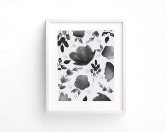 Floral Watercolor Print, Black and White Print, Digital Download, Watercolor Wall Art, Wall Prints, Most Popular Prints, Digital Poster