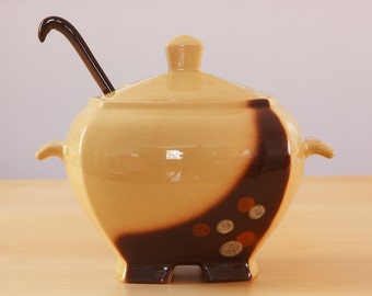 Vintage Beauceware pottery soup serving pot with laddle Astral pattern