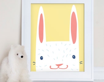 Hello Bunny children's art print, rabbit nursery wall art, nursery decor, kids room art print, children's decor, bunny illustration