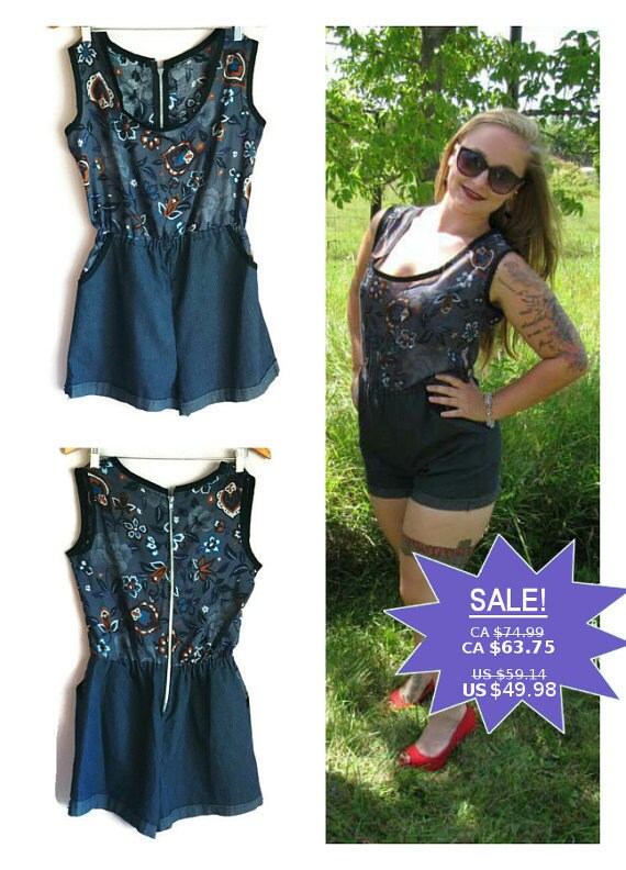 Cotton Jean Romper - Romper With Elastic Waist - Paisley Print Romper - Romper With Pockets - Romper With Exposed Metal Zipper