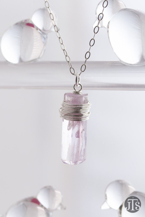 Purple Pink Kunzite Crystal Point Necklace in Silver Rough