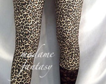 Leopard print spandex leggings black wide lace cuffs