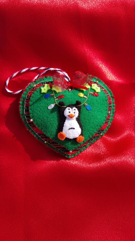 Penguin Felt Ornament-Handmade 3D Penguin heart with plaid