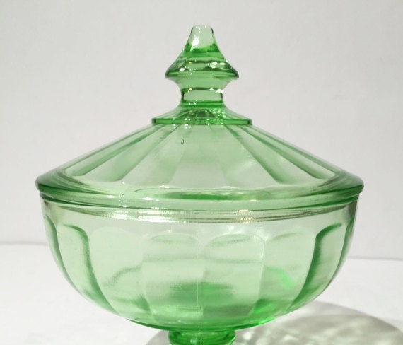 Green Depression Glass Pedestal Candy Jar with Lid Green