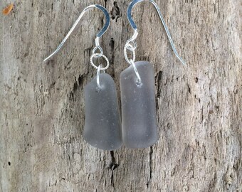 Sterling Silver Genuine Surf Tumbled Grey Taupe Sea Beach Glass Drop Dangle Earrings