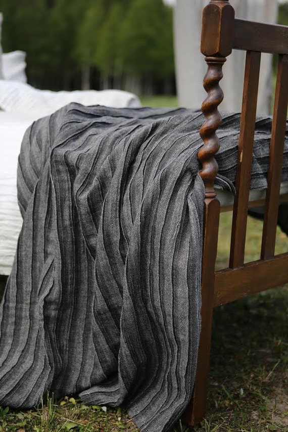 Linen blanket. Linen bed throw. Charcoal grey blanket. Natural