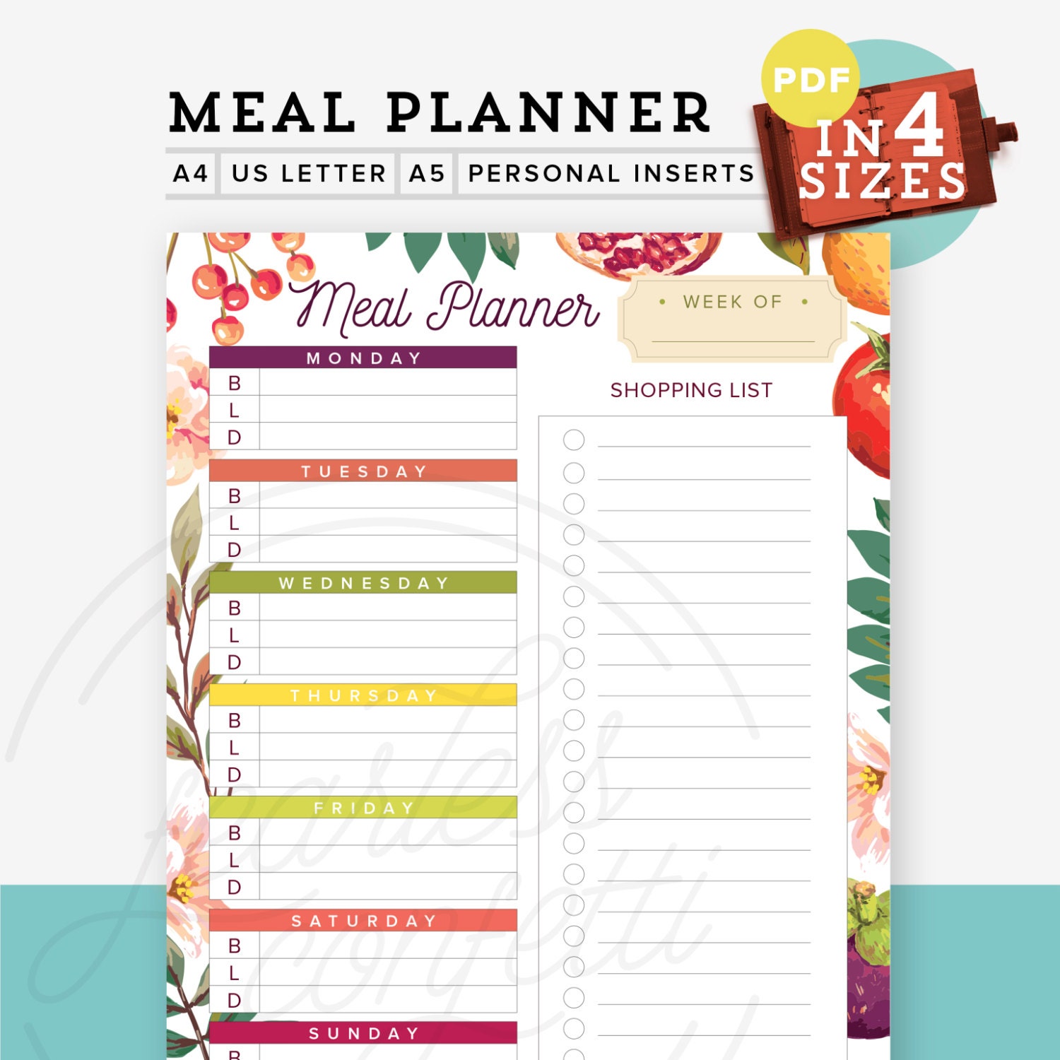 weekly meal planner pdf printable in 4 sizes diy shopping