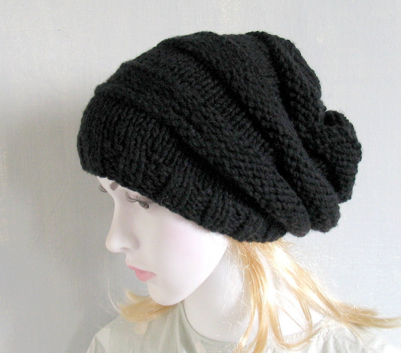 Black Chunky Knit Hat Women Black Hat Hand Knitted Womens Hat