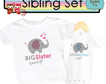 Elephant Shirt SET Big Sister Little Brother shirt Sibling Personalized Shirts bodysuit SET Big Sister tops