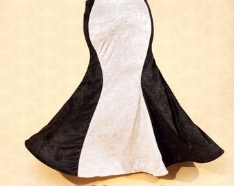 Mermaid Skirt, Black & White crushed Velvet, YOUR SIZE, bellydance tribal fusion, vintage style, 1930s Hollywood glamour