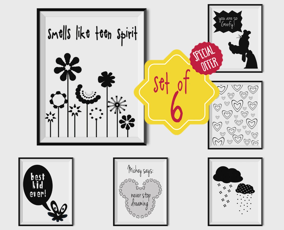 Set of 6 prints Kids room decor Black and white prints