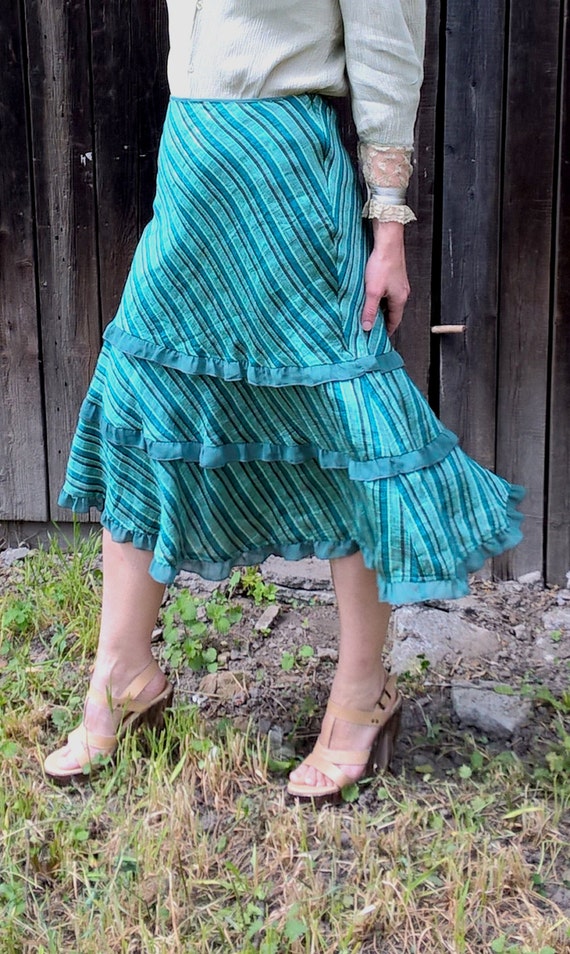 Laura Ashley Vintage Skirt Green stripe Midi Skirt Godet