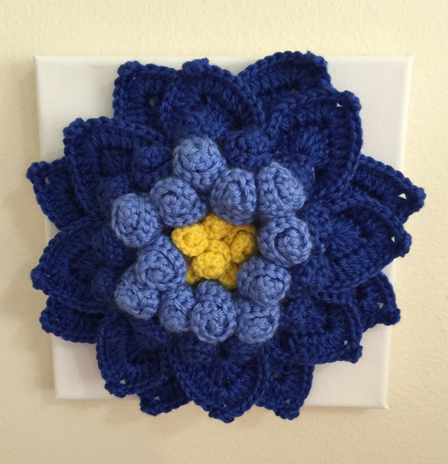 Wall decorBlue crochet flower original art work crochet