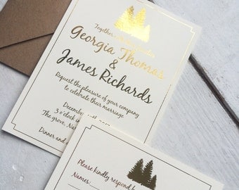Rustic winter wedding invitation set, gold foil winter wedding invitation set
