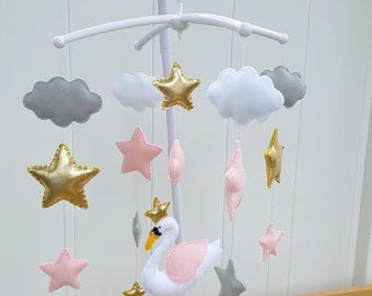 Magical Swan Baby mobile,Swan crib mobile,Pink grey and white mobile,Baby girl mobile,Stars nursery decor,neutral nursery decor,Swan decor
