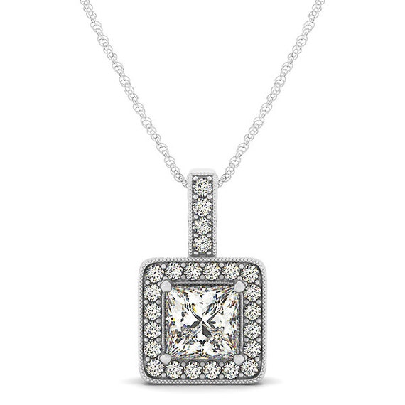 Halo Princess Cut Diamond Pendant Necklace 14k by BrillianceDeco