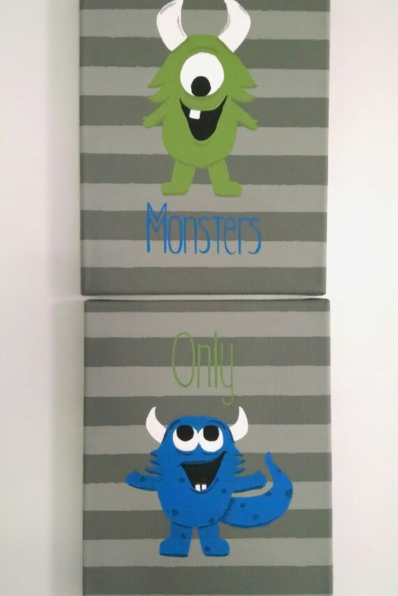 Items similar to Little monsters; Canvas; Wall hanging; 8x10; Blue