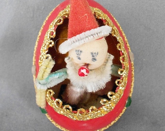 Vintage CLOWN GOOSE EGG Christmas Ornament, Antique Egg Indent Diorama w/ Clown Jeweled Ornament, Mid Century Christmas Ornament, 1950s Rare