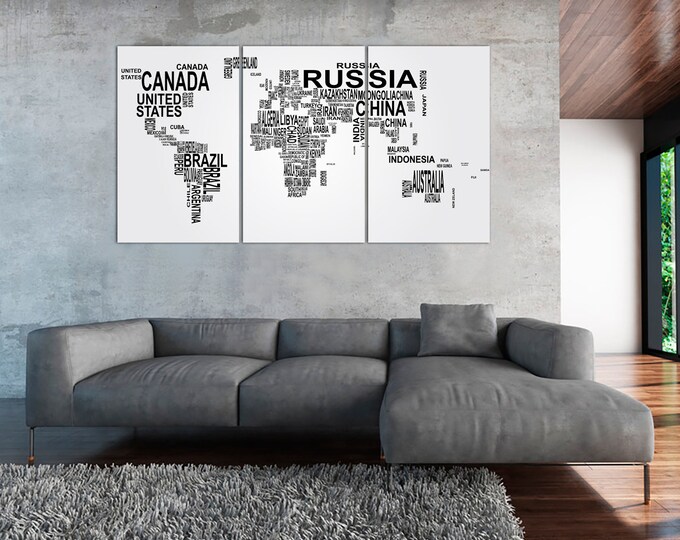 Typographic Text World Map Canvas Print Set \ 1,3,4 or 5 Panels on Canvas Wall Art for Home or Office Decoration & Interior design