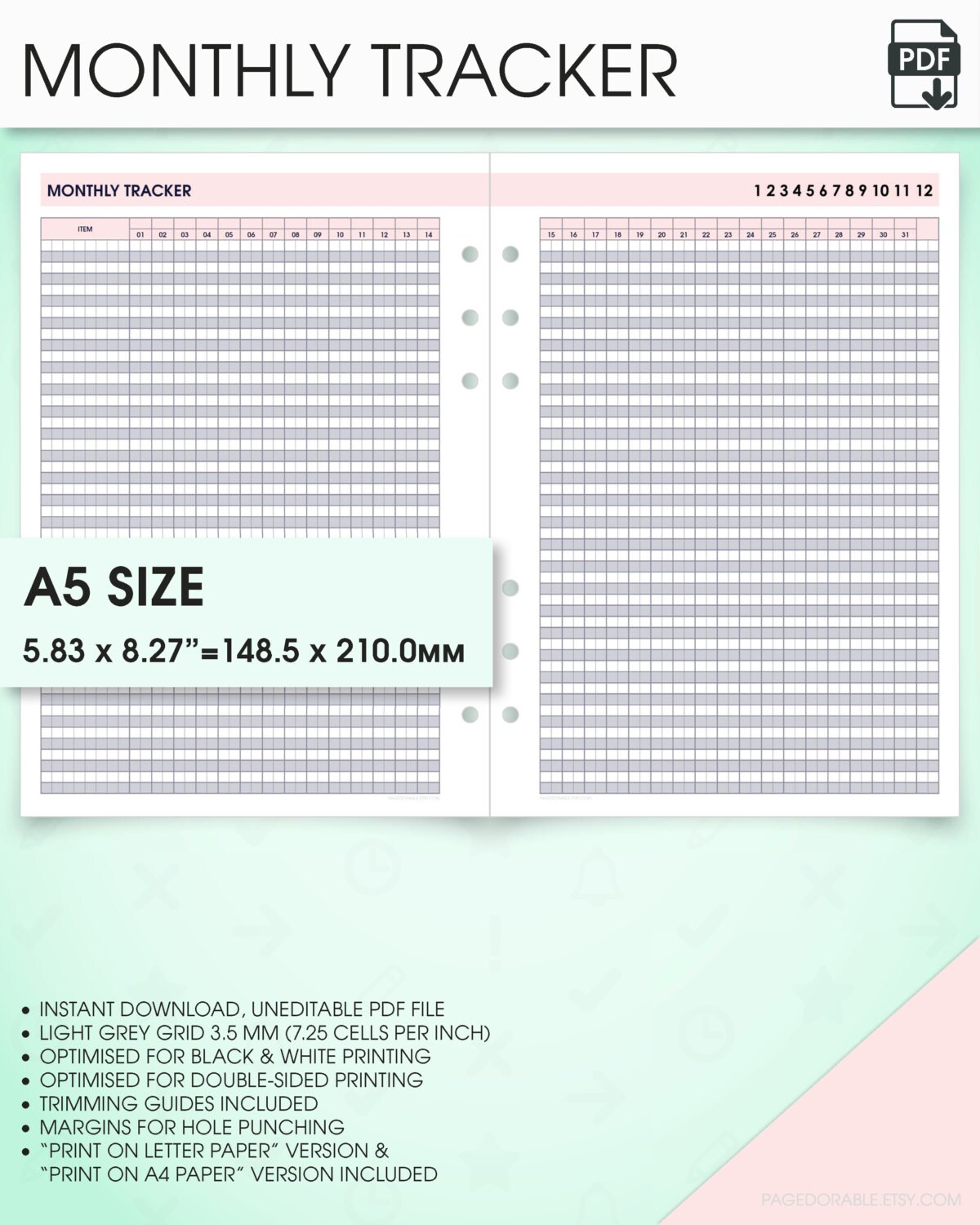 a5 monthly tracker printable planner inserts mo2p habit