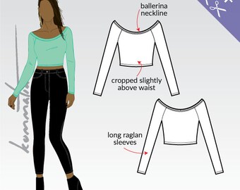 XS-XL Ballerina neckline crop top with long sleeves (PDF sewing pattern for jersey)