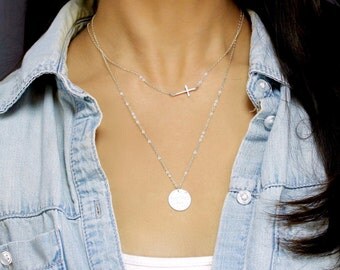 Sideways Cross Necklace, Silver Layered Necklaces Set / Initial Necklace, Double Necklaces / Layering Necklace, Personalized Necklace Silver