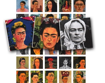 Frida Kahlo collage sheet in 1 inch squares, vintage printable digital collage sheet no. 1512