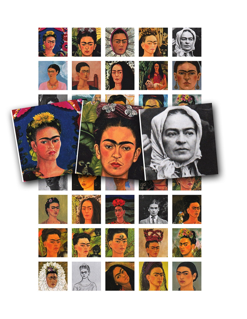 Frida Kahlo collage sheet in 1 inch squares vintage printable