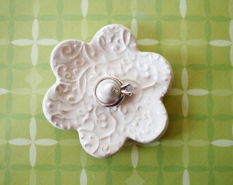 Elegant Ring Holder - White Ring Dish - Raised texture Ring Bowl - Glazed in Soft white